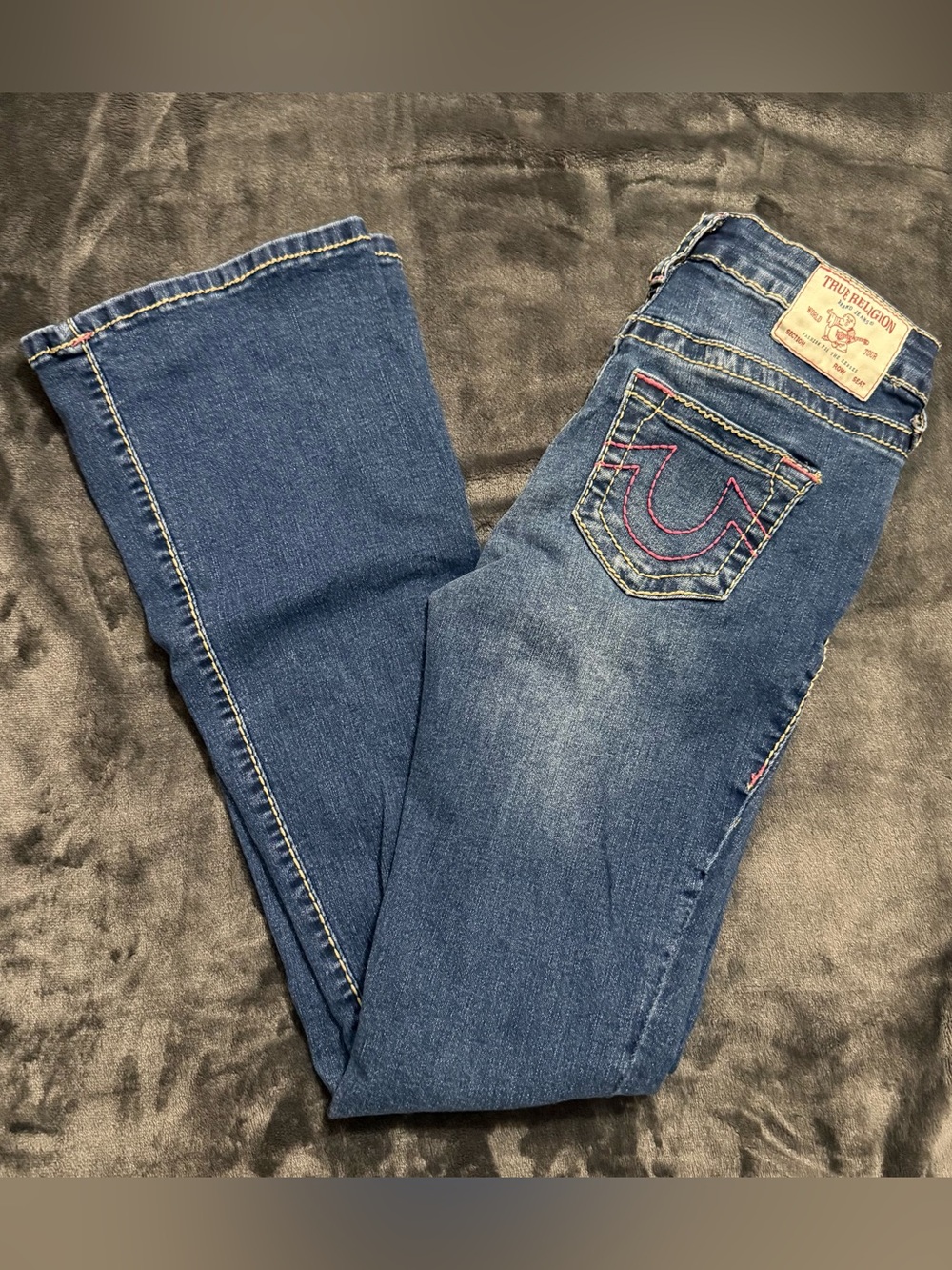 True Religion Women's Becca Mid-Rise Bootcut Jeans with Pink Stitching